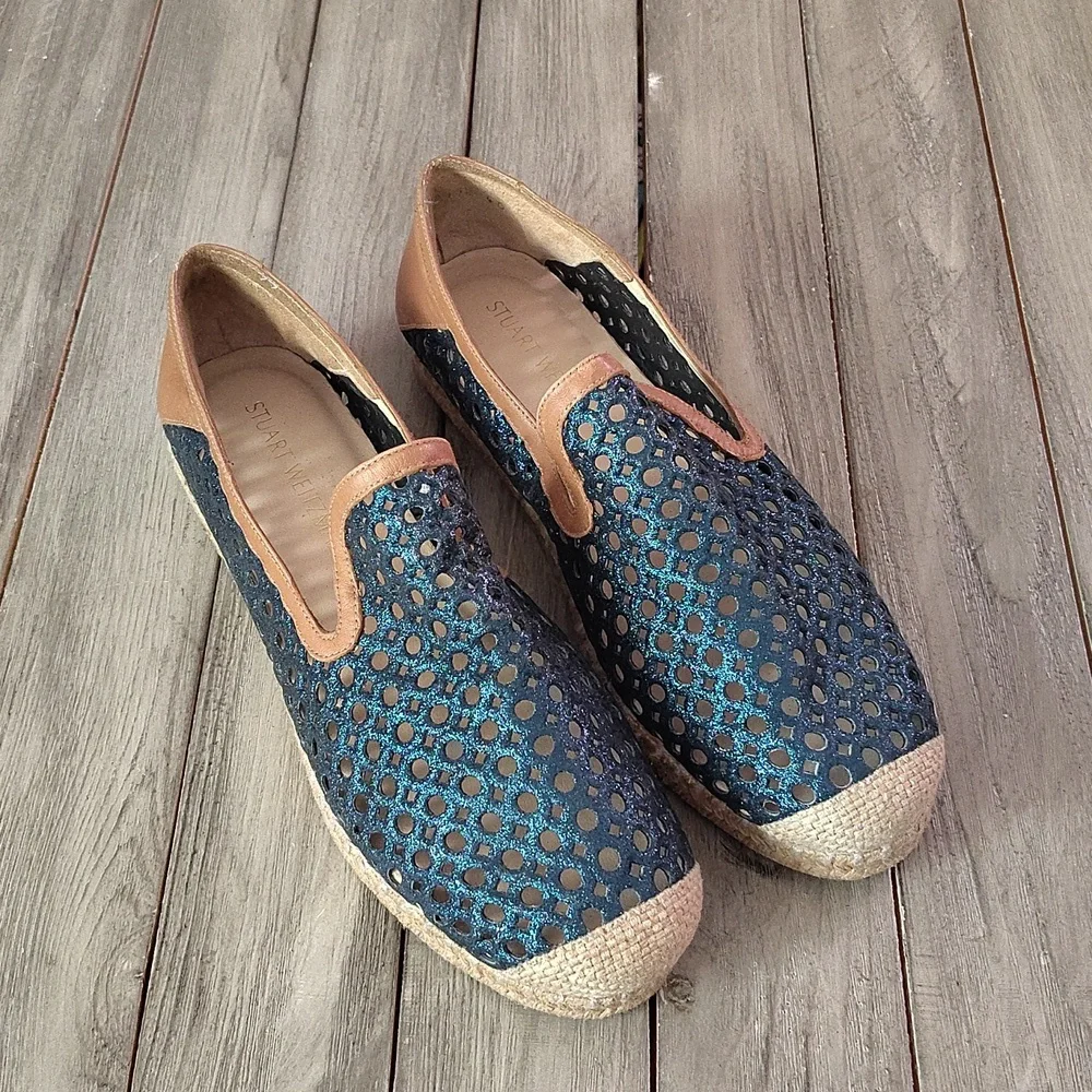 Stuart Weitzman Metallic Blue Glitter Laser Cut County Espadrilles Size EU 40